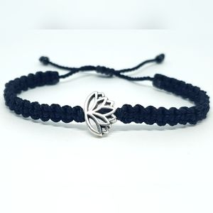 Lotus flower bracelet, black string braided bracelet, silver color lotus